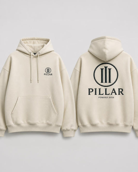 Off White PILLAR Forged Hoodie with embroidered chest and back lockup