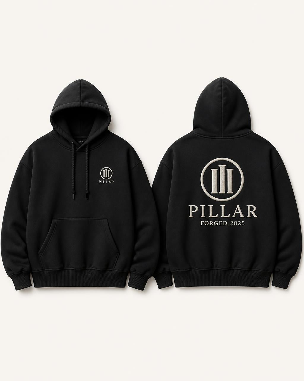 Black PILLAR Forged Hoodie with embroidered chest and back lockup