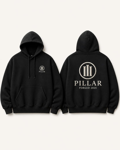 Black PILLAR Forged Hoodie with embroidered chest and back lockup