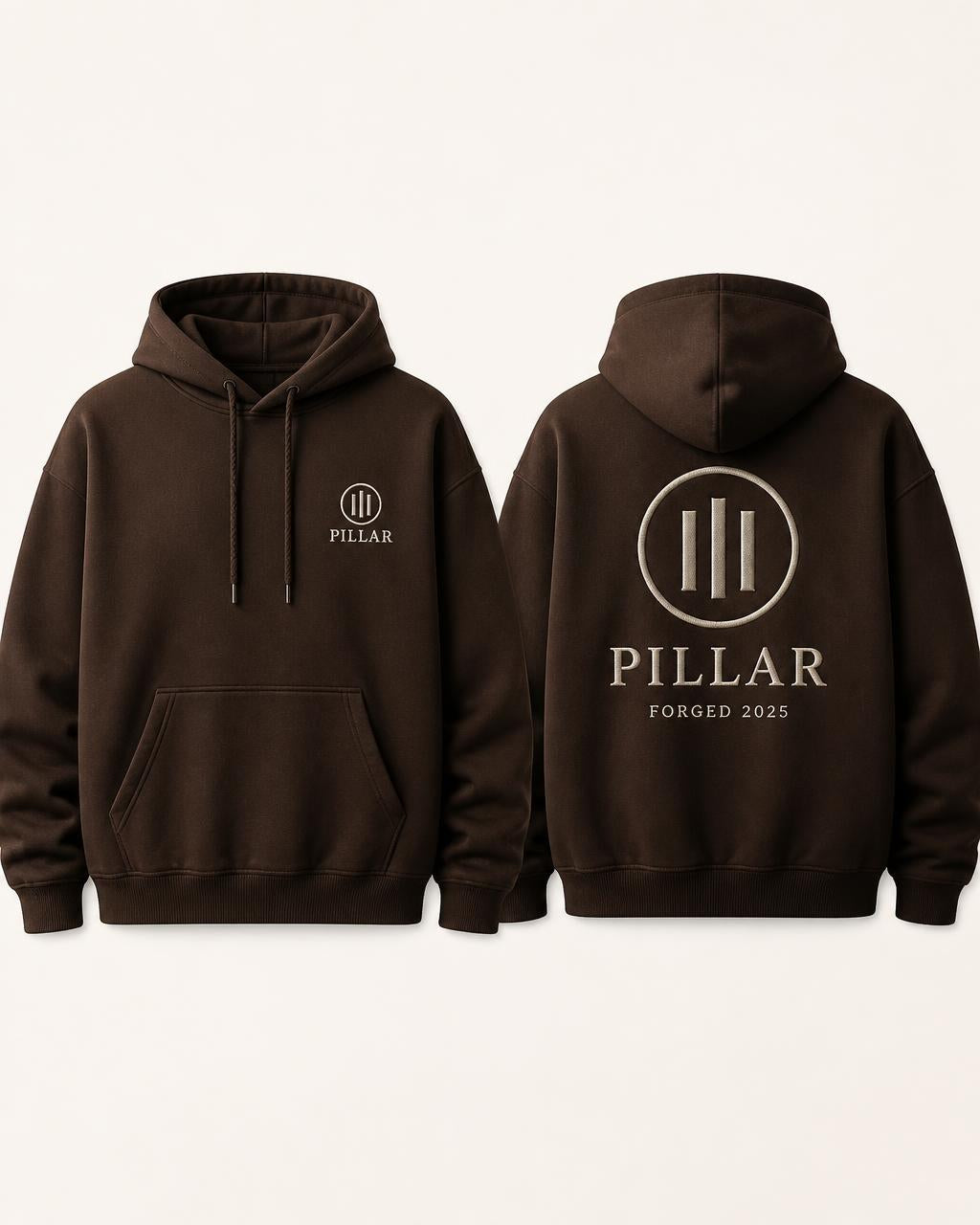 Brown PILLAR Forged Hoodie with embroidered chest and back lockup