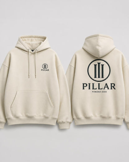 Off White PILLAR Forged Hoodie with embroidered chest and back lockup